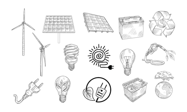 Vetor coleção desenhada à mão de tecnologia ecológica