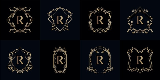 Coleção do logotipo inicial r com ornamento de luxo ou moldura de flor