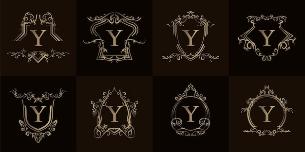 Coleção do logotipo inicial y com ornamento de luxo ou moldura de flor