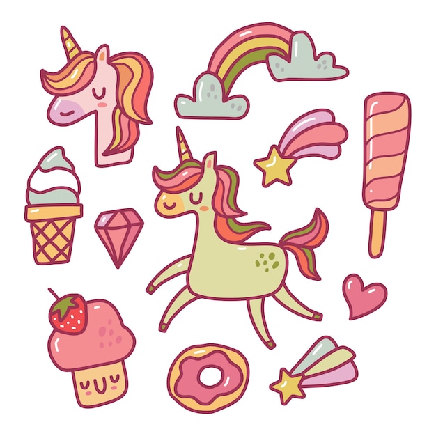 Coleção doodle de unicórnio com doces