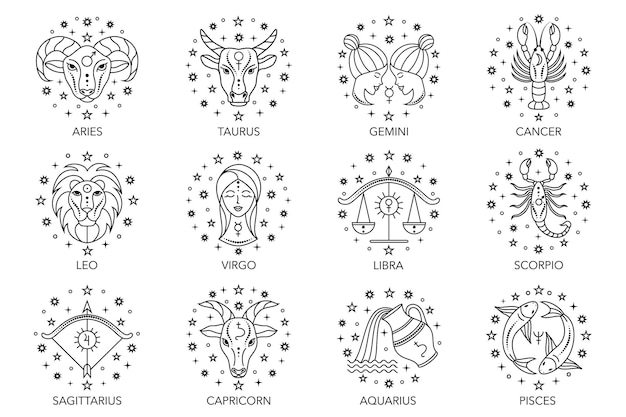 Coleção dos signos do zodíaco em fundo branco. ícones de arte de linha.