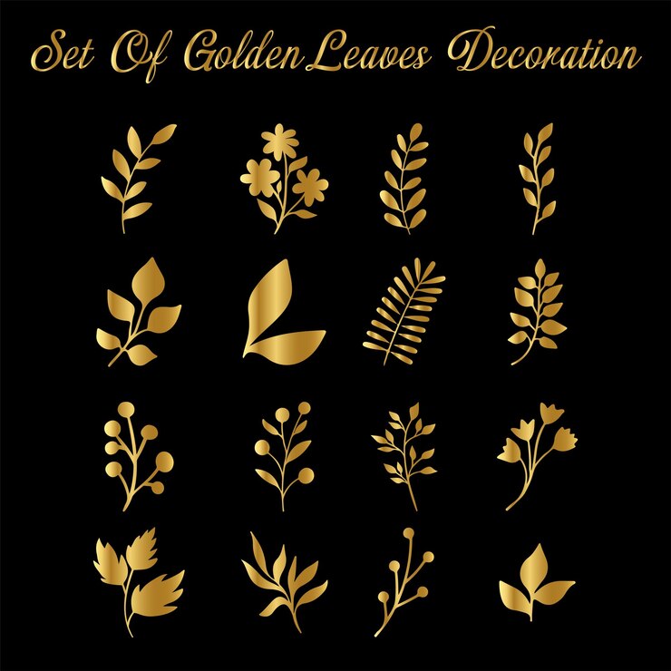 Vetor coleção elegante de folhas decorativas douradas sobre fundo preto escuro