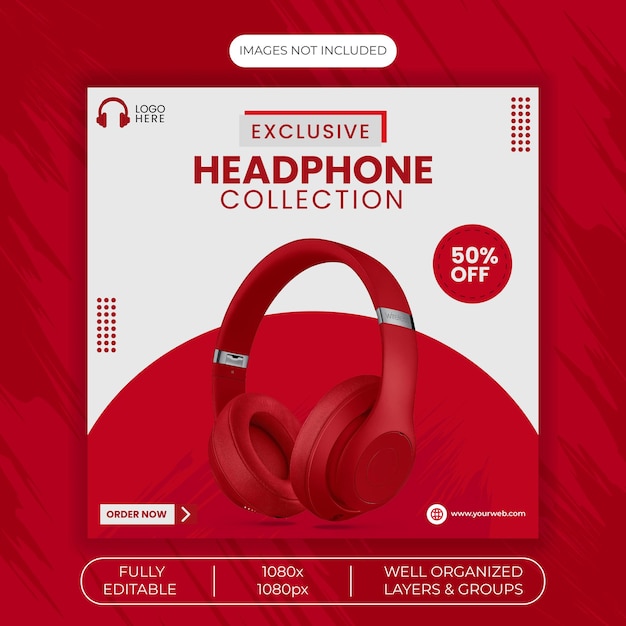 Coleção exclusiva de fones de ouvido Square Design de mídias sociais e modelo de banner