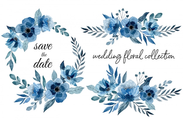 Vetor coleção floral casamento azul com aquarela