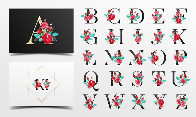 Coleção linda alfabeto com decoração floral aquarela vermelha