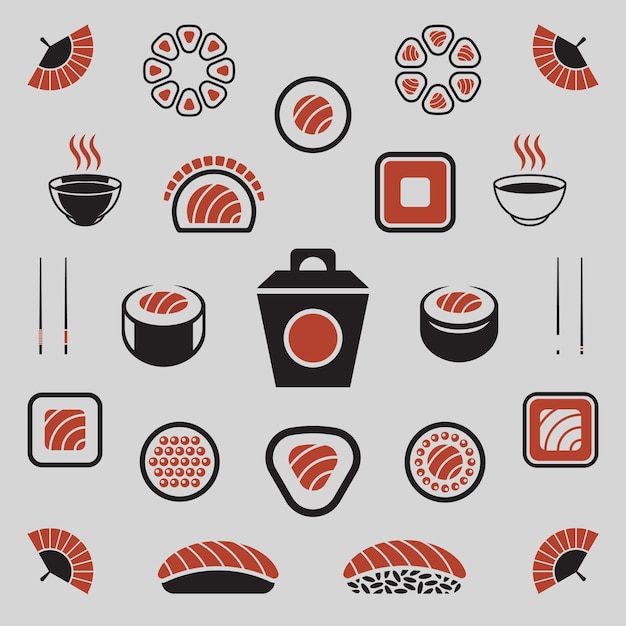 Coleção minimalista tradicional ícone de menu de comida asiática ilustração vetorial definir rolo de caixa de macarrão de sushi monocromático tom yum ventilador oriental pauzinho caviar logotipo emblema simples cozinha de frutos do mar gourmet