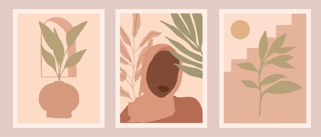 Coleção moderna com fundo tropical de retrato de mulher em estilo boho mínimo