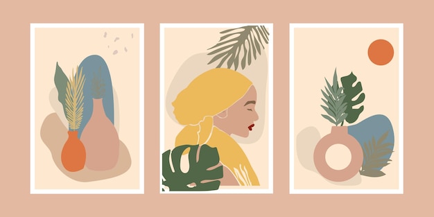 Coleção moderna com retrato feminino em fundo tropical em estilo boho mínimo