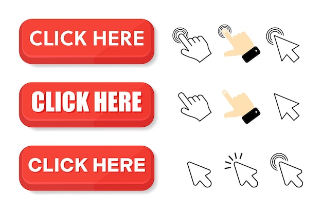 Coleção moderna para o site Compras on-line Clique aqui aplique botões mão ponteiro clicando em ilustração vetorial em um fundo branco