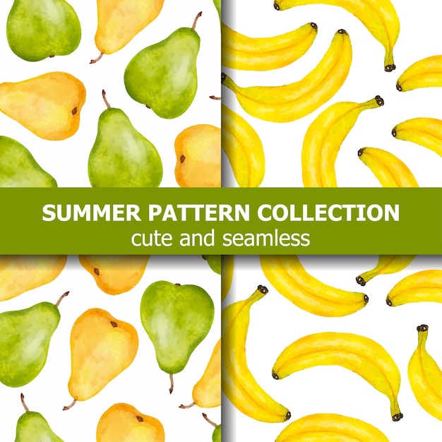 Coleção padrão de verão com aquarela peras e bananas. Banner de verão. Vetor