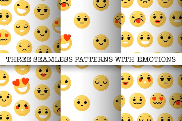 Coleção padrões sem costura com emoções diferentes design de papel e têxtil rostos de emoticons amarelos engraçados com expressões faciais estilo plano em ilustração vetorial