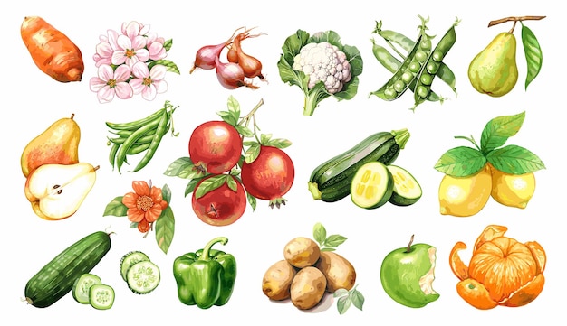 Vetor coleção pintada a aquarela de legumes e frutas elementos de design de alimentos frescos desenhados à mão isolados