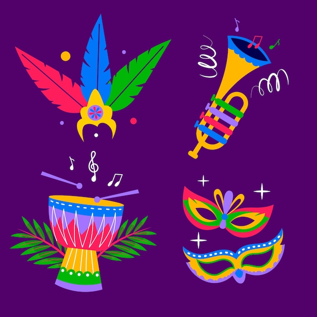 Coleção plana de elementos de celebração do carnaval brasileiro