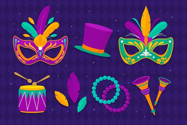 Coleção plana de elementos de celebração do festival mardi gras