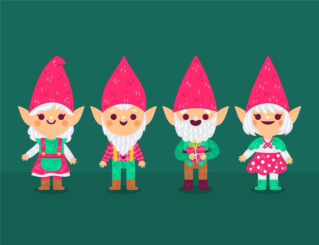 Coleção plana de gnomos de natal desenhada à mão