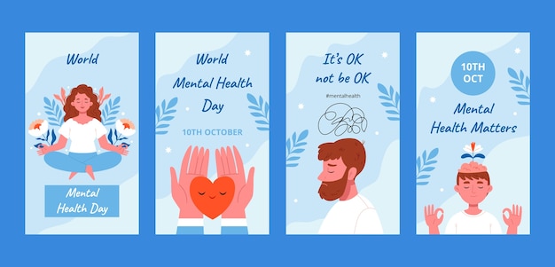 Coleção plana de histórias do Instagram para conscientização do dia mundial da saúde mental