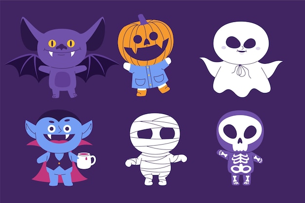 Coleção plana de personagens de halloween desenhada à mão
