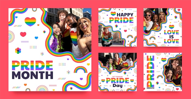 Coleção plana de postagens do instagram para celebração do mês do orgulho