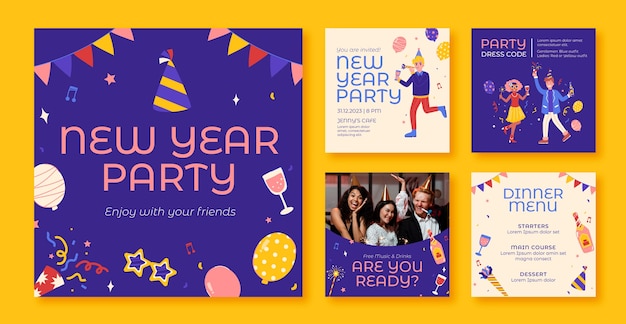 Coleção plana de postagens do instagram para festa de ano novo