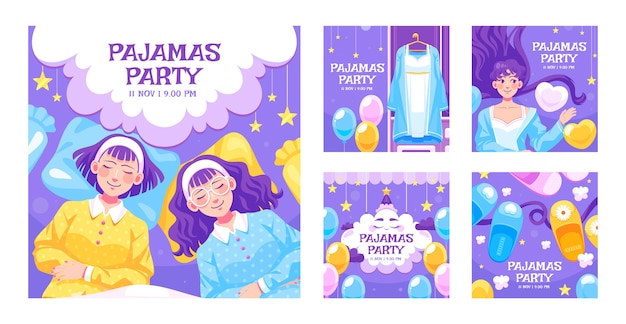 Vetor coleção plana de postagens do instagram para festa do pijama