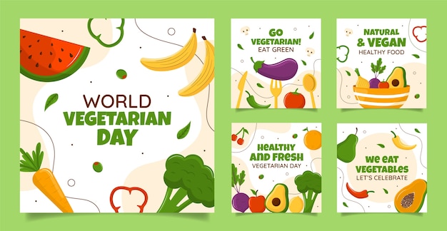 Coleção plana de postagens no instagram para celebração do dia vegetariano mundial