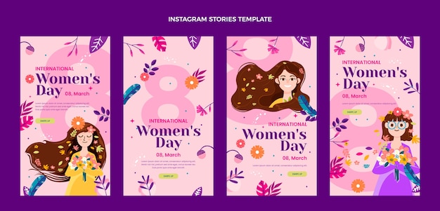 Vetor coleção plana internacional de histórias do instagram do dia da mulher