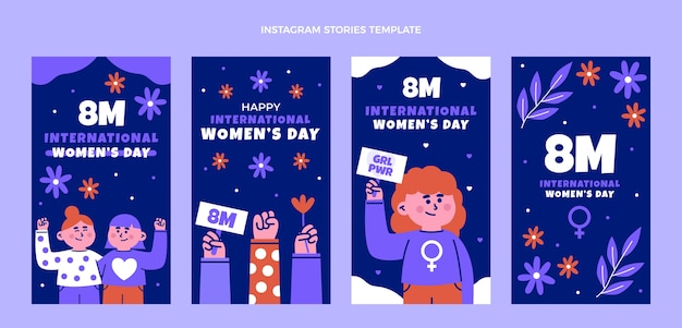 Coleção plana internacional de histórias do instagram do dia da mulher