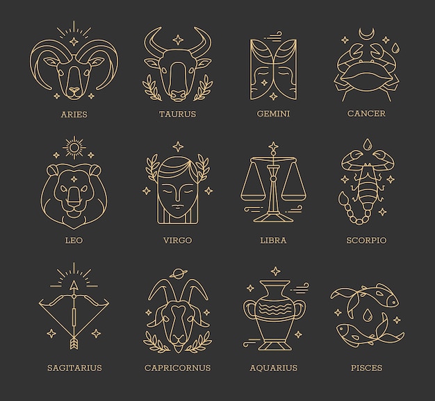 Coleção plana linear de signos do zodíaco