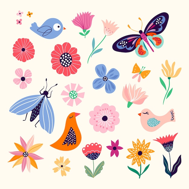 Vetor coleção primavera / verão com elementos sazonais, flores, borboletas e pássaros