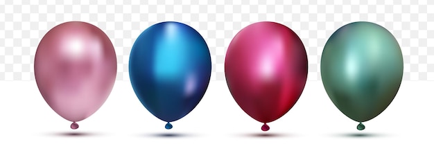 Coleção realista de balões de hélio cromo colorfull em fundo branco transparente