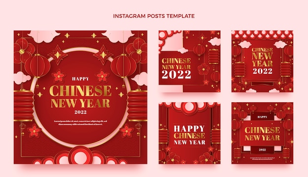 Vetor coleção realista de postagens do instagram do ano novo chinês