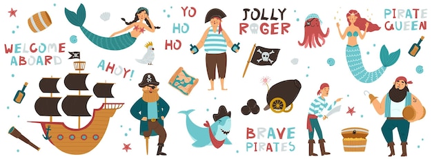 Coleção vetorial de adoráveis piratas, sereias de navios e criaturas subaquáticas isoladas com citações desenhadas à mão