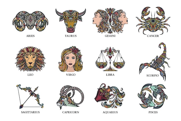 Coleção vetorial de ilustrações coloridas desenhadas à mão dos signos do zodíaco