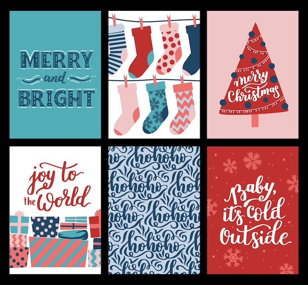 Coleção vetorial de modelos de pôster de Natal Novo ano 2023 conjunto de cartões de natal Cores brilhantes presentes e letras escritas à mão para seu convite e design