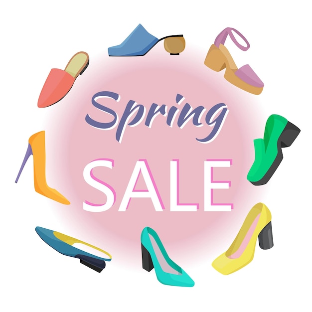 Coleção vetorial de sapatos femininos banner de venda de primavera Sapatos de salto sandálias mules mocassins
