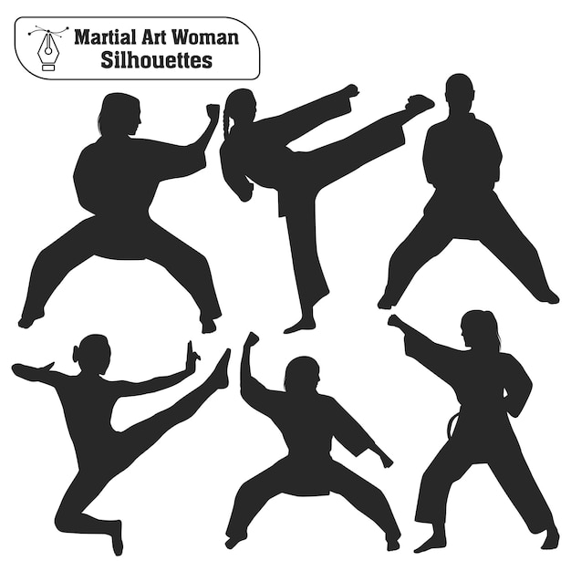 Coleção vetorial de silhuetas de mulheres de artes marciais em poses diferentes