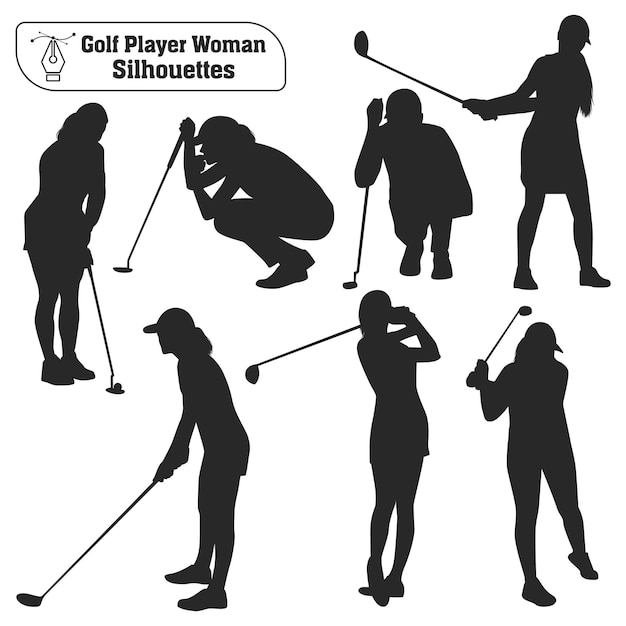 Vetor coleção vetorial de silhuetas femininas de jogadores de golfe em poses diferentes