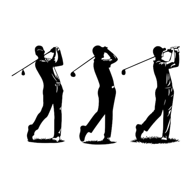 Coleção vetorial de silhuetas masculinas de jogadores de golfe em diferentes poses