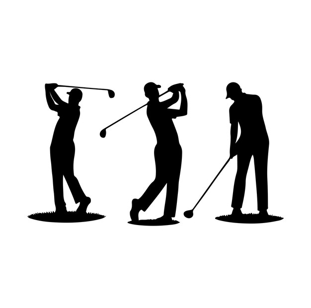 Vetor coleção vetorial de silhuetas masculinas de jogadores de golfe em diferentes poses