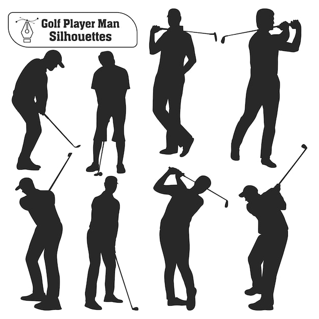 Vetor coleção vetorial de silhuetas masculinas de jogadores de golfe em poses diferentes