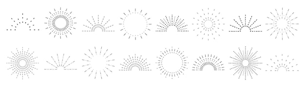 Coleção vintage do nascer do sol conjunto sunburst elementos de raios de luz vetoriais estrelas de explosão de fogo de artifício