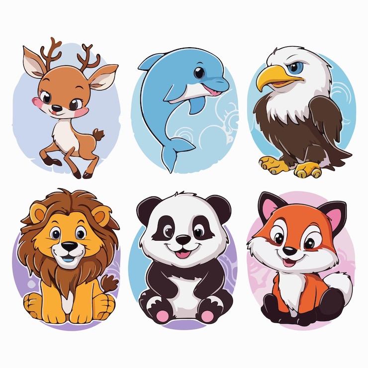 Vetor colecção de adesivos de animais de desenho animado de estilo disney 8 personagens deliciosos