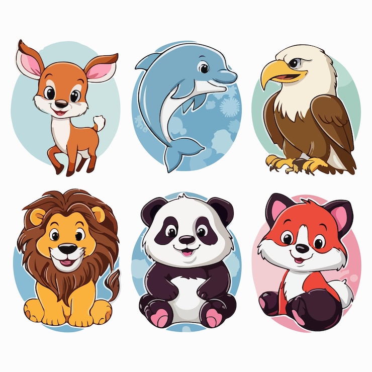 Vetor colecção de adesivos de animais de desenho animado de estilo disney 8 personagens deliciosos