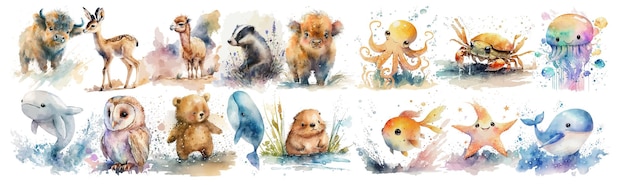 Colecção de aquarelas de animais bonitos uma ilustração vibrante e artística com vários animais selvagens e mares