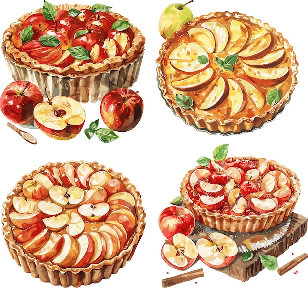 Vetor colecção de aquarelas tarte normande aux pommes