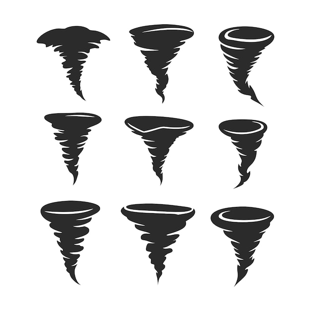 Colecção de conjuntos de ilustrações vetoriais de ícones de silhueta de tornado