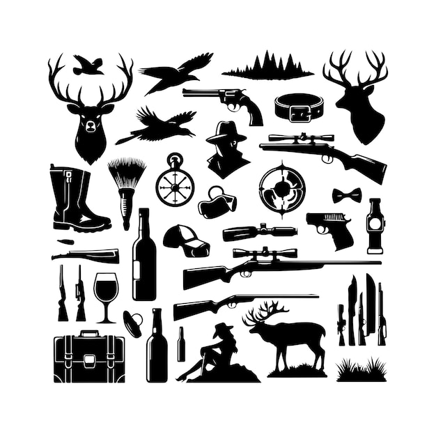 Colecção de elementos de caça silhueta preta isolada em fundo branco