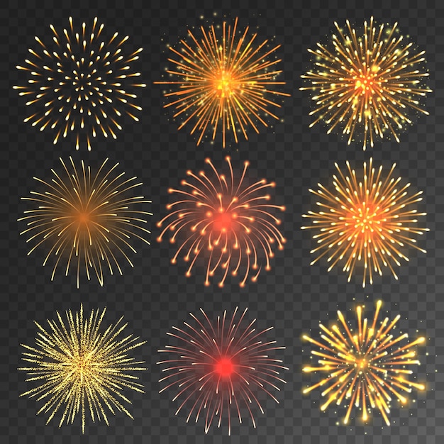 Colecção de fogos de artifício festivo fogos de artificio realistas coloridos em fundo transparente de Natal ou novo