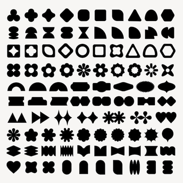 Colecção de formas geométricas pretas As formas geométrica incluem círculos, triângulos e quadrados Variedade de formas geometricas em um layout de grade As formas são em negrito e preto As formas pretas são um conjunto vetorial