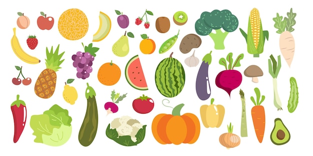 Colecção de frutas e legumes Ilustração em estilo plano Modelo de ilustração vetorial colorido com diferentes tipos de fritas e legumes vitaminas comida vegana dieta de saúde
